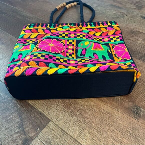 Multicolored Tote with Floral Elephant Motifs from India,decorative bead handle - Picture 7 of 13